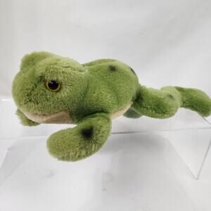 Vtg Dakin 1976 Spotted 11" Green Frog Plush Laying Down Plastic Yellow Eyes